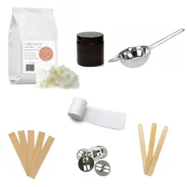 Zestaw do Tworzenia Świeczek nr 4 - Topielnik, Wosk Sojowy, Knot Drewniany 8 cm, Słoik Szklany Brązowy, Blaszki do Knotów Drewnianych Okrągłe, Kropki Kleju, Stabilizator do Knotów