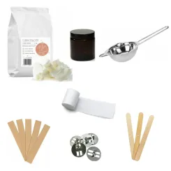 Zestaw do Tworzenia Świeczek nr 4 - Topielnik, Wosk Sojowy, Knot Drewniany 8 cm, Słoik Szklany Brązowy, Blaszki do Knotów Drewnianych Okrągłe, Kropki Kleju, Stabilizator do Knotów