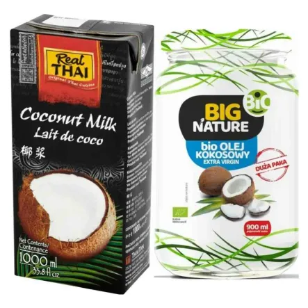 Mleko Kokosowe UHT 85% Ekstrakt Kokosa 1L  RealThai   + Olej Kokosowy Extra Virgin Nierafinowany Zimnotłoczony Bio 900 ml - Big Nature