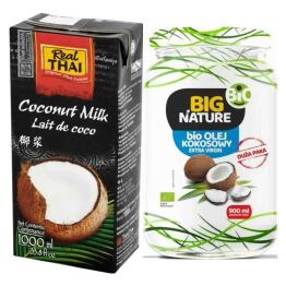 Mleko Kokosowe UHT 85% Ekstrakt Kokosa 1L  RealThai   + Olej Kokosowy Extra Virgin Nierafinowany Zimnotłoczony Bio 900 ml - Big Nature