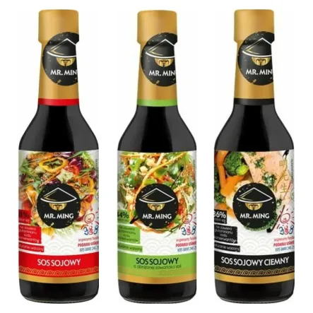 Sos Sojowy 150 ml - Mr. Ming + Sos Sojowy o Obniżonej Zawartości Soli 44% 150 ml - Mr. Ming + Sos Sojowy Ciemny 36% 150 ml - Mr. Ming