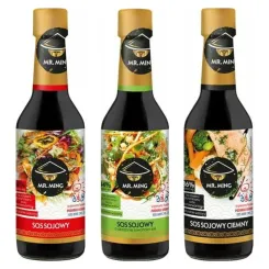 Sos Sojowy 150 ml - Mr. Ming + Sos Sojowy o Obniżonej Zawartości Soli 44% 150 ml - Mr. Ming + Sos Sojowy Ciemny 36% 150 ml - Mr. Ming