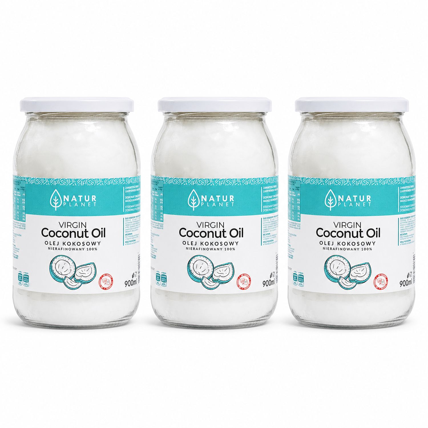 3 x Olej Kokosowy Nierafinowany Virgin 100% Tłoczony na Zimno 900 ml - Natur Planet