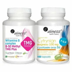 Witamina B Complex B-50 Methyl TMG Plus 100 Kapsułek Vege - Aliness + Cytrynian Magnezu z Potasem Oraz B6 100 Vege Kapsułek - Aliness