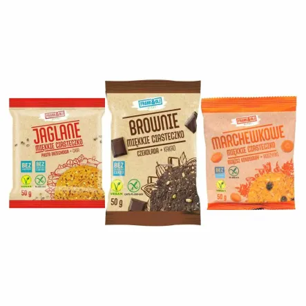 Ciasteczko Pasta Orzechowa +Chia Bezglutenowe 50 g + Ciastko Brownie Czekolada i Kakao Bez Dodatku Cukru Bezglutenowe 50 g + Miękkie Ciastko Marchewka +Kokos +Rodzynki Bezglutenowe 50 g - Frank&Oli