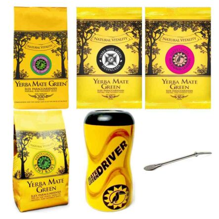 Zestaw Yerba Mate dla Kierowców: Matero do auta + Nierdzewna Bombilla + 500g Yerby (w tym są 4 smaki Kiwi Kiwi, IQ Tropical, Energia Guarana i klasyczna Despalada) 