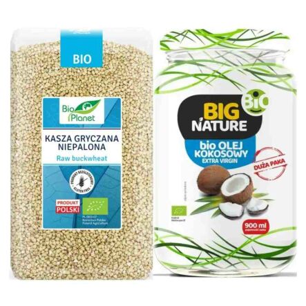 Kasza Gryczana Niepalona Bezglutenowa Bio 1 kg Bio Planet + Olej Kokosowy Extra Virgin Nierafinowany Zimnotłoczony Bio 900 ml - Big Nature