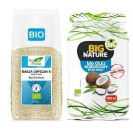 Kasza Gryczana Niepalona Bezglutenowa Bio 1 kg Bio Planet + Olej Kokosowy Extra Virgin Nierafinowany Zimnotłoczony Bio 900 ml - Big Nature