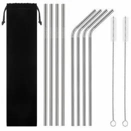 Zestaw Słomek Metalowych Srebrnych ze Stali Nierdzewnej 215x 6 mm Słomki, Rurki Nierdzewne do Napojów