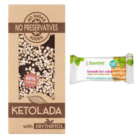 Sezamki Bez Dodatku Cukru z Ksylitolem i Maltitolem 27 g - Santini + Ketolada 60% z Erytrytolem i Migdałami 100 g