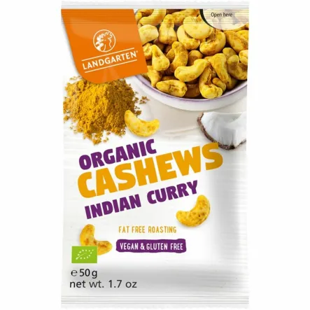 Orzechy Nerkowca o Smaku Kokosowym z Curry Bezglutenowe Bio 50 g - Landgarten - Przecena Krótka Data Minimalnej Trwałości