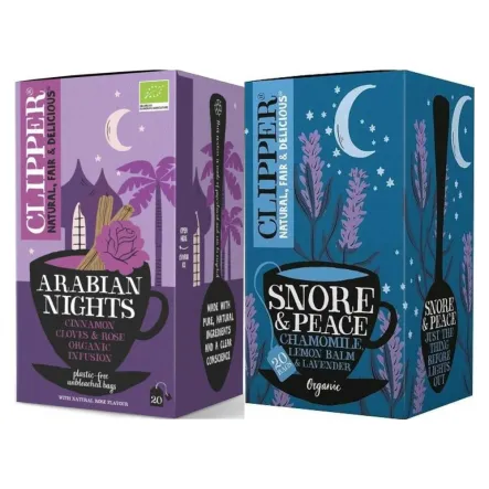 Herbatka z Cynamonem i Goździkami o Smaku Róży Arabian Nights Bio 40 g (20x2g) + Herbatka z Melisą i Lawendą BIO (Snore and  Peace) 30 g (20x 1,5 g) Clipper