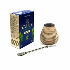 Yerba Mate YACUY Pure Leaf  Unsmoked Bombilla LIZA Nierdzewna ze Srebrnym Pierścieniem HS84-BS + Matero Ceramiczne Calabaza Brązowe Prążkowane do Yerba Mate 500 g + 