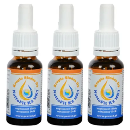 Zestaw 3 x Witamina k2mk7+ D3 w kroplach - NattoFit k2Mk7 + Kropla Słońca D3 20ml - Proved