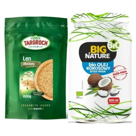Len Złoty Ziarno Siemię Lniane Złote 1 kg -  Targroch + Olej Kokosowy Extra Virgin Nierafinowany Zimnotłoczony Bio 900 ml - Big Nature