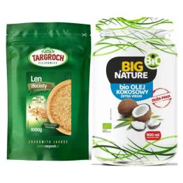 Len Złoty Ziarno Siemię Lniane Złote 1 kg -  Targroch + Olej Kokosowy Extra Virgin Nierafinowany Zimnotłoczony Bio 900 ml - Big Nature