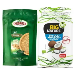 Len Złoty Ziarno Siemię Lniane Złote 1 kg -  Targroch + Olej Kokosowy Extra Virgin Nierafinowany Zimnotłoczony Bio 900 ml - Big Nature