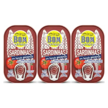 3 x Sardynki Portugalskie w Pikantnym Sosie Pomidorowym 120 g (78 g) - Bom Petisco