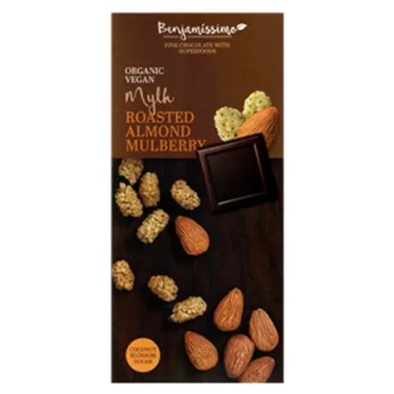 Czekolada Wegańska Z Prażonymi Migdałami i Morwą BIO 70 g  Benjamissimo 