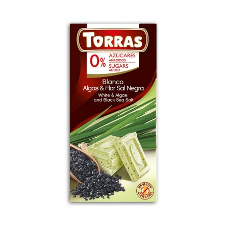 Czekolada Biała Algi i Czarna Sól Morska Bez Dodatku Cukru 75 g Torras