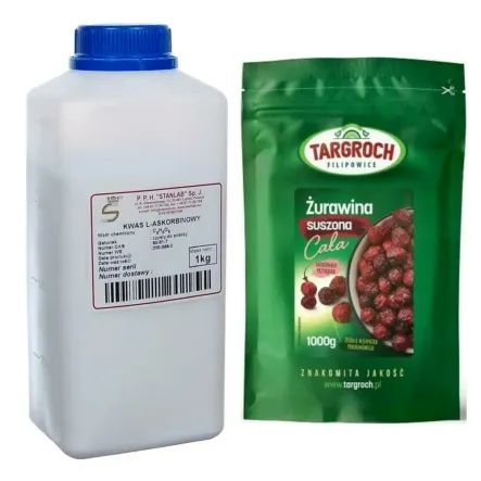 Kwas L-Askorbinowy 1 kg Witamina C CZDA 1000 g  Stanlab ( Ascorbic Acid ) + Żurawina Suszona Cała 1 kg - Targroch