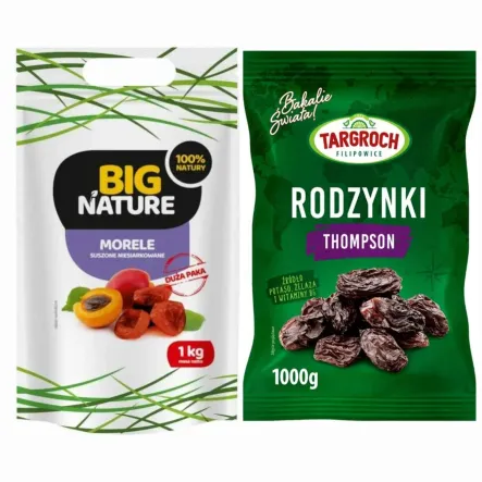 Zestaw Rodzynki Thompson Niesiarkowane 1 kg - Targroch + Morele Suszone Niesiarkowane 1 kg - Big Nature