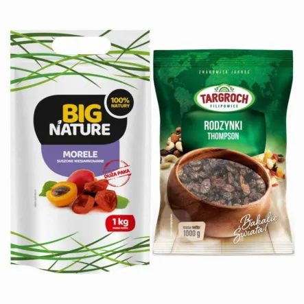 Zestaw Duże Rodzynki Thompson Niesiarkowane 1 kg - Targroch + Morele Suszone Niesiarkowane 1 kg - Big Nature