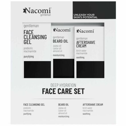 Zestaw Face Care MEN (Prebiotyczny Żel do Mycia Twarzy 140 ml+ Olejek do Brody i Zarostu 40 ml+ Krem po Goleniu 50 ml) - Nacomi
