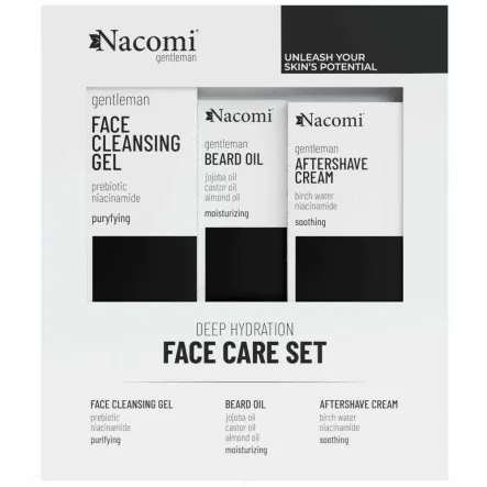 Zestaw Face Care MEN (Prebiotyczny Żel do Mycia Twarzy 140 ml+ Olejek do Brody i Zarostu 40 ml+ Krem po Goleniu 50 ml) - Nacomi
