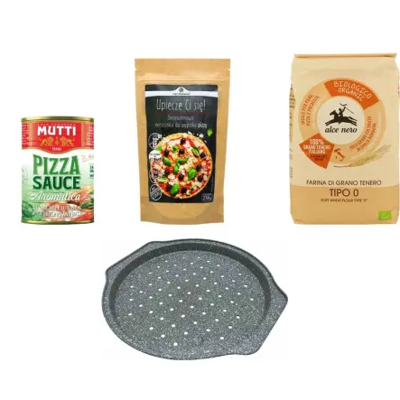 Forma do Pieczenia Pizzy Tacka fi 31 cm Klausberg + Mąka Pszenna Bio Typ 0 Mąka Włoska do Pizzy 1 Kg Alce Nero + Mieszanka do Wypieku Pizzy Bezglutenowa 250 g - Pięć Przemian + Sos Pomidorowy do Pizzy z Ziołami 400 g - MUTTI 