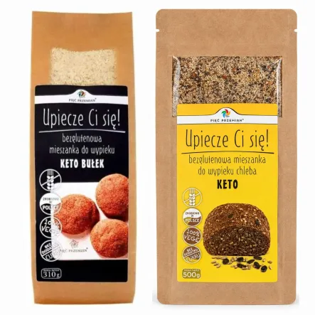 Zestaw Mieszanka do Wypieku Keto Bułek Bezglutenowa 310 g - Pięć Przemian +  Mieszanka Chleba Bezglutenowego Keto 500 g - Pięć Przemian