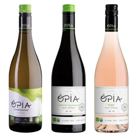 Białe Wino Opia Chardonnay bez Siarczynów Bezalkoholowe Bio, Niesiarkowane Organic 0% 0,75 l + Czerwone Wino Opia Cabernet Sauvignon Bio bez Siarczynów, Bezalkoholowe Niesiarkowane Organiczne 0% 0,75 l + Różowe Wino Opia Cabernet Rose Bio bez Siarczynów