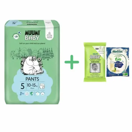 Pieluchomajtki Jednorazowe 5 Walkers 10-15 kg 38 Sztuk - Muumi Baby + GRATIS Śliniak Jednorazowy EKO 10 Sztuk - HELMI BABY  i Kaszka BIO Spokojny Sen po 4  Miesiącu Życia Saszetka 25 g - MODILAC 