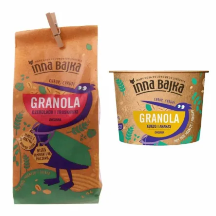 Granola Owsiana z Czekoladą i Truskawkami 300 g - Inna Bajka  + Granola Kokos i Ananas 65 g - Inna Bajka