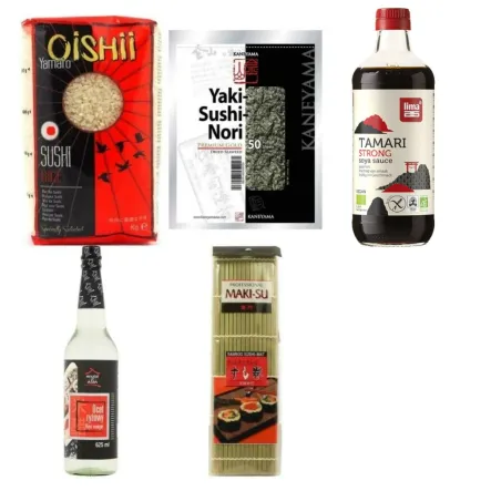 Zestaw do Przygotowania Sushi: Ryż do Sushi 1 kg Oishii Yamato + Suszone Wodorosty Nori Gold 50 Arkuszy 120 g - Kaneyama + Ocet Ryżowy 625 ml - House of Asia + Sos Sojowy Tamari Mocny Bio 500 Ml - Lima + Mata do Sushi 27 x 27 cm Maki-Su