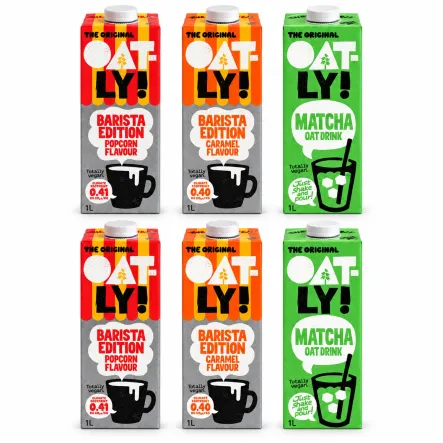 Zestaw 6 Napojów Owsianych Oatly 1L: 2x Barista Popcorn, 2x Barista Karmel i 2x Matcha z Wapniem