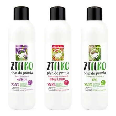 ZIELKO Płyn do Prania Tkanin Kolorowych Marakuja 1 l + ZIELKO Płyn do Prania Tkanin Czarnych i Ciemnych Granat & Imbir 1 l + ZIELKO Płyn do Prania Tkanin Białych i Jasnych KIWI 1 l - Sylveco