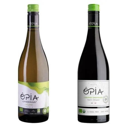 Białe Wino Opia Chardonnay bez Siarczynów Bezalkoholowe Bio, Niesiarkowane Organic 0% 0,75 l + Czerwone Wino Opia Cabernet Sauvignon Bio bez Siarczynów, Bezalkoholowe Niesiarkowane Organiczne 0% 0,75 l