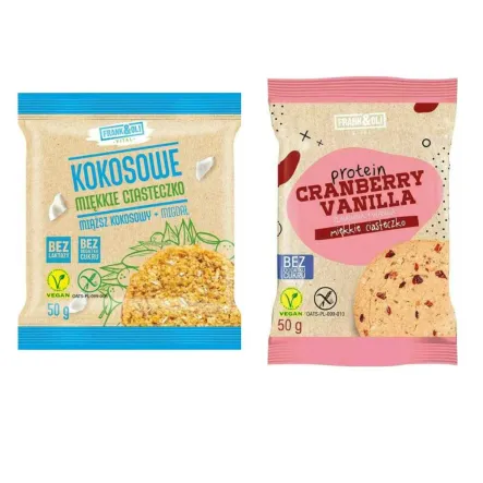 Ciasteczko Kokosowe + Migdał Bezglutenowe 50 g Ciastko Proteinowe Żurawina i Wanilia Bez Dodatku Cukru Bezglutenowe 50 g - Frank&Oli