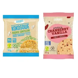 Ciasteczko Kokosowe + Migdał Bezglutenowe 50 g Ciastko Proteinowe Żurawina i Wanilia Bez Dodatku Cukru Bezglutenowe 50 g - Frank&Oli