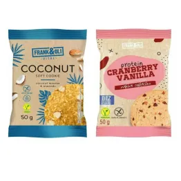 Ciasteczko Kokosowe z Migdałami Bezglutenowe Bez Dodatku Cukru 50 g+ Ciastko Proteinowe Żurawina i Wanilia Bez Dodatku Cukru Bezglutenowe 50 g - Frank&Oli