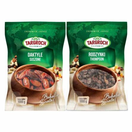 Zestaw Duże Rodzynki Thompson Niesiarkowane 1 kg - Targroch + Daktyle Suszone Bez pestek 1 kg Flowpack - Targroch