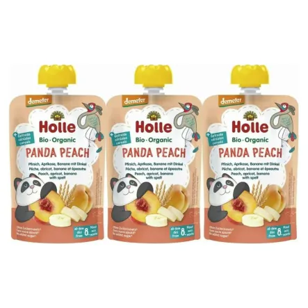 3 x Mus Owocowy Brzoskwiniowa Panda (Brzoskwinia, Morela, Banan, Orkisz) Bio Demeter 100 g - Holle
