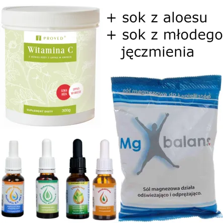 Zdrowotne Trio + Astaksantyna + Tokotrienole + Ubichniol + Witamina C + Aloes + Młody jęczmień: (Kropla Słońca Witamina D3 + NattoFit K2 MK7 20ml) + Mg Balans Sól Magnezowa do Kąpieli Stóp 200 g + Astaksantyna 20 ml + Tokotrienole Witamina E 20 ml + Ubich