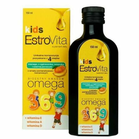 Estrovita Kids Dla Dzieci Pomarańcza - Banan Omega 3-6-9 Witamina E A D 150 ml - Onesano