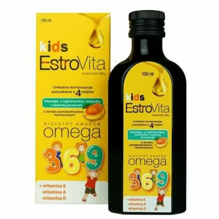 Estrovita Kids Dla Dzieci Pomarańcza - Banan Omega 3-6-9 Witamina E A D 150 ml - Onesano