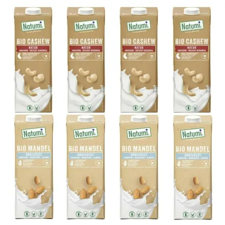 4 x Napój z Orzechów Nerkowca Bez Dodatku Cukru Bio 1 L + 4 x  Napój Migdałowy Bez Dodatku Cukrów Bezglutenowy Bio 1 L UHT - Natumi