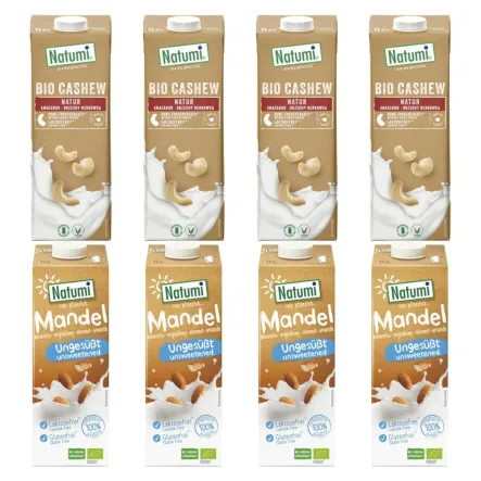 4 x Napój z Orzechów Nerkowca Bez Dodatku Cukru Bio 1 L + 4 x  Napój Migdałowy Bez Dodatku Cukrów Bezglutenowy Bio 1 L UHT - Natumi