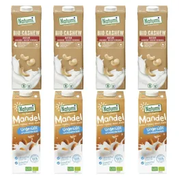 4 x Napój z Orzechów Nerkowca Bez Dodatku Cukru Bio 1 L + 4 x  Napój Migdałowy Bez Dodatku Cukrów Bezglutenowy Bio 1 L UHT - Natumi