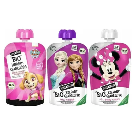 Przecier Jabłko, Truskawka, Banan, Malina z Owsem BIO 100 g Psi Patrol Skye + Przecier Jabłko Truskawka BIO 100 g Kraina Lodu Elza & Anna + Przecier Jabłko Brzoskwinia Banan BIO 100 g Myszka Minnie - Pure & Fun